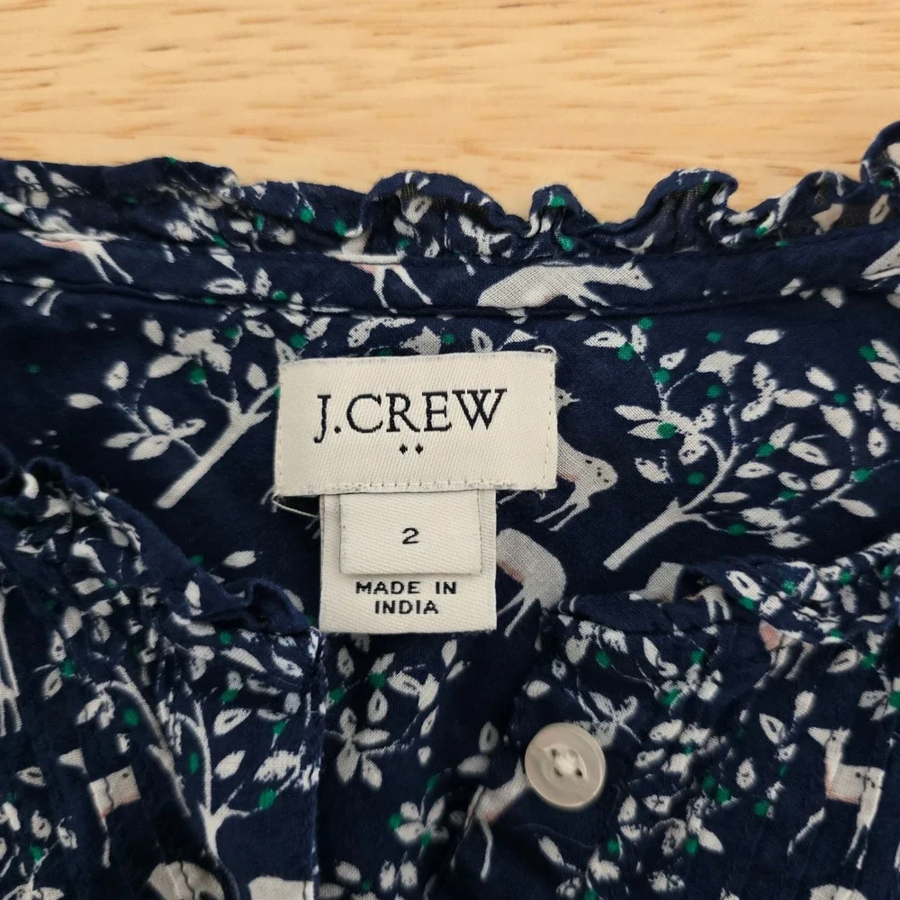 J. Crew Women's Navy Deer Tree Print Button Front Blouse‎ Top Size 2